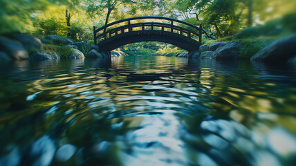 Canvas Print - 小さな木橋が架かる庭園、静寂の水面に映る美しい自然の調和