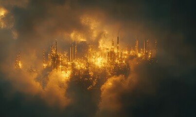 Aerial view of a glowing industrial refinery surrounded by golden light under a cloudy sky. Bold tones emphasize innovation,