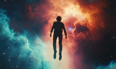 Cosmic traveler floating near a glowing nebula, stardust swirling around faintly, vibrant celestial colors blending softly, ethereal sci-fi scene, serene space exploration