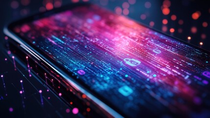 Wall Mural - futuristic smartphone is securing data flow with glowing padlock icon, representing mobile cyber sec