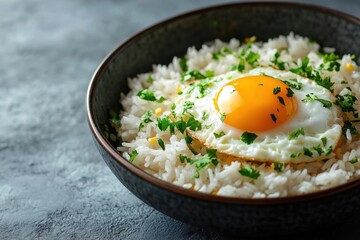 Canvas Print - Bowl of white rice topped with a fried egg