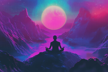 a futuristic, neon style illustration of a glowing silhouette meditating in a cosmic landscape, symb
