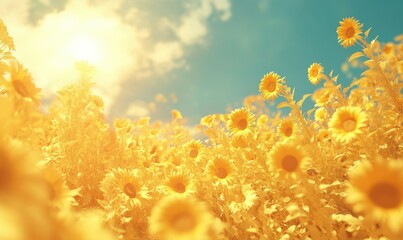 Fototapete - Golden sunflower field under a bright blue sky, illuminated by warm sunlight to capture their vibrant and joyful essence