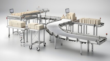 Poster - A and detailed image of an automated industrial production line equipped with pneumatic conveyor belts that smoothly transport various items and packages through the workflow