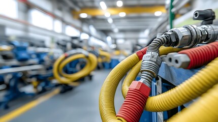 Aufkleber - A detailed close up view showcasing the flexible and durable pneumatic hoses and fittings in the interior of an active industrial factory or manufacturing facility