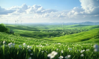 Fototapete - Scenic countryside view with wind turbines spinning gently in the breeze, lush green meadows stretching into the distanc