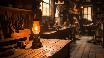 Wall Mural - Vintage workshop with lamp, tools, and sunlight.  Possible use Stock photo for antique shop, woodworking, or history themes