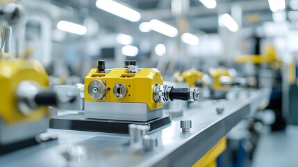 Leinwandbilder - Closeup of a pneumatic clamping system used in an automated industrial assembly process with metal components and engineering equipment in a modern factory or workshop setting