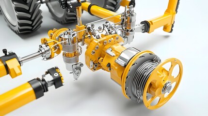 Leinwandbilder - Closeup view of a complex hydrostatic transmission system in agricultural machinery showcasing the intricate power flow and mechanical engineering design