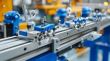 Aufkleber - Closeup view of a complex pneumatic clamping system used in an automated industrial assembly process  The system features various metal components valves