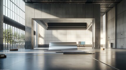 Leinwandbilder - Detailed 3D render of a hydraulic industrial metal press machine in action compressing and flattening a metal sheet or plate on a workbench in an interior factory or workshop setting