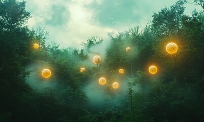 Wall Mural - mystical landscape featuring glowing floating orbs above a dense forest, soft fog enhancing the ethe