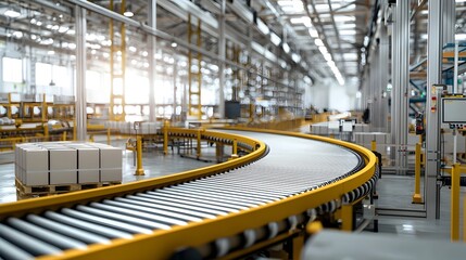 Fototapete - Detailed view of an efficient and automated production line with pneumatic conveyor belts smoothly transporting various goods products and materials within a modern