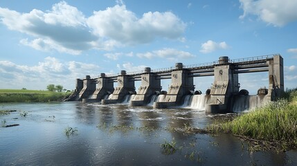 Poster - Large scale hydraulic dam gate system with pistons and reservoirs controlling the flow of water through the infrastructure to generate hydroelectric power and manage water resources