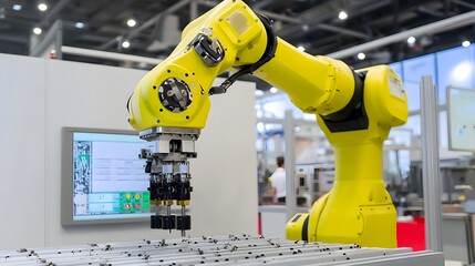 Leinwandbilder - photo showcasing a robotic arm equipped with hydraulic actuators designed for use in advanced manufacturing assembly line The robotic arm demonstrates precision power