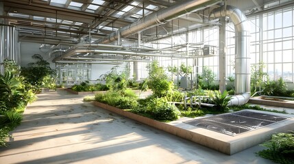 Fototapete - 3d render of an advanced hvac system installed in the eco friendly and sustainable greenhouse buildi