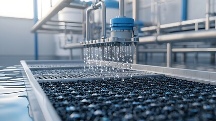 Poster - A close up view of water droplets as they pass through an activated carbon system showcasing the intricate process of water purification and the advanced technology involved in industrial scale