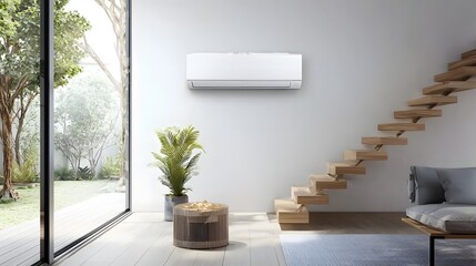Fototapete - A modern sleek split type air conditioning unit mounted on a white wall in a minimalistic contemporary home interior design  The air conditioner blends seamlessly with the clean