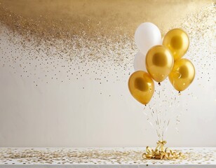 Wall Mural - Cluster of elegant gold and white balloons on a sparkling golden backdrop, perfect for celebrations.