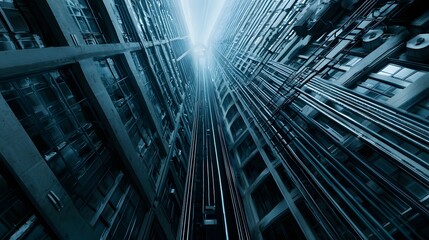 Poster - Close up view of an intricate air duct system within the interior of a modern high rise commercial building  The image showcases the complex network of metal ducts pipes