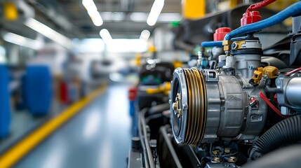 Poster - Detailed close up view of the air conditioning compressor and cooling system components installed in the engine bay of a modern car or automotive vehicle