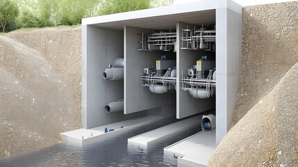 Poster - Detailed schematic showcasing the intricate underground drainage and stormwater management system of a modern city  This technical diagram depicts the complex network of pipes grids