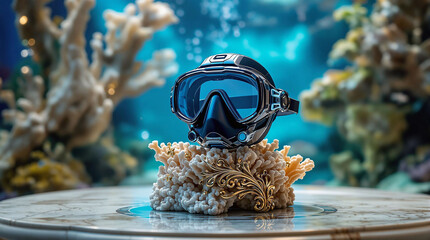 Poster - A scuba mask placed atop a vibrant coral, set against a blurred aquatic backdrop. The mask is sleek, with a reflective surface that mirrors the surrounding environment, and the coral is a rich, warm h