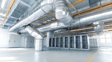 Fototapete - Intricate network of pipes ducts and cooling equipment for an advanced air conditioning system in a high tech data center facility