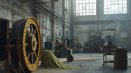 Poster - photo showcasing the interior of a hemp fiber processing factory where raw hemp stalks are being transformed into textiles through the use of vintage industrial machinery and equipment in a grungy