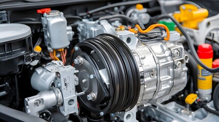 Poster - photograph showing the air conditioning compressor and cooling system components inside the engine bay of a car