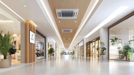 Poster - Ventilation and air conditioning system integrated into the ceiling inside a contemporary well lit shopping mall corridor