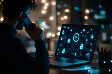 Wall Mural - a person secures laptop data on a call, ensuring data encryption and protection from cyber threats w