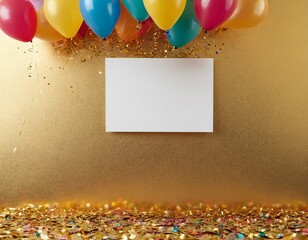 Wall Mural - Colorful balloons cascade down with a blank sign for celebration or event announcements.