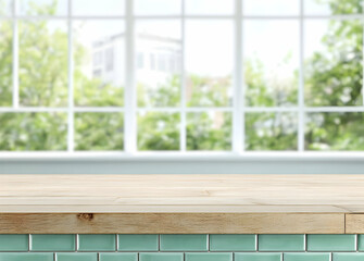 Wall Mural - Bright Kitchen Backdrop, Wooden Countertop with Tiled Base and Blurred Window View Showcasing Natural Greenery for Product Mockups