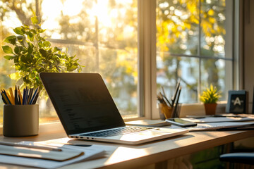 cozy workspace with laptop by the window, a peaceful and productive home office environment enhanced