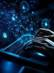 Wall Mural - cybersecurity expert working on a laptop ensuring data protection with advanced encryption, safeguar