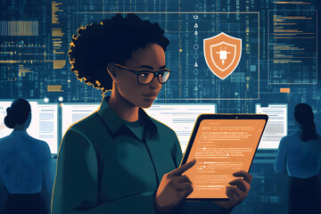 Wall Mural - cybersecurity expert analyzing data on tablet with secure shield in background, ensuring network pro