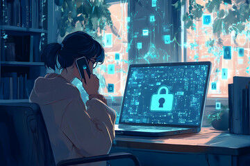 Wall Mural - cybersecurity in the digital age, a woman securing data with laptop, phone, and advanced encryption 