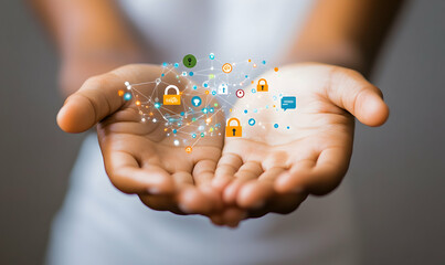 Wall Mural - cybersecurity in your hands, protecting digital assets with advanced encryption and secure networks,