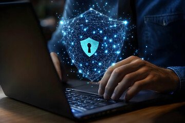 Wall Mural - cybersecurity measures depicted through digital shield and keyhole on laptop screen, symbolizing dat