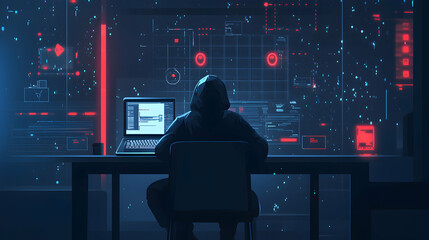 Wall Mural - cybersecurity intrusion, a hacker at work, exploiting vulnerabilities and breaching digital defenses