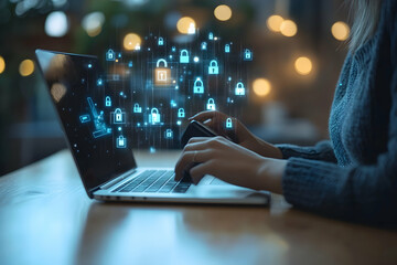 Wall Mural - cybersecurity in the digital age, woman securing data with encryption and authentication for enhance