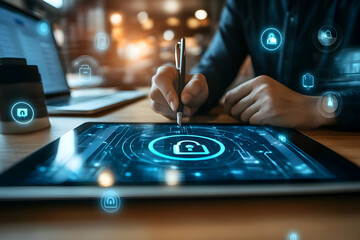 Wall Mural - cybersecurity strategy being developed on digital tablet by professional, focusing on data protectio