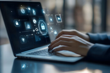 Wall Mural - cybersecurity innovation, digital interface on laptop screen depicting data encryption and protectio