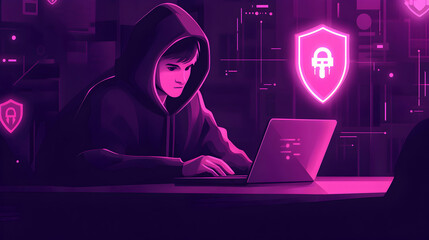 Wall Mural - cybersecurity threat, hooded hacker exploiting system vulnerabilities to breach defenses and steal s