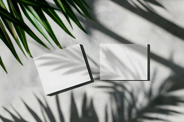 Wall Mural - Elegant Branding Mockup Featuring Square Cards, Tropical Leaf Shadow Play, and Clean Concrete Background for Product Display or Advertisement Design Showcase