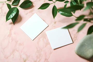 Wall Mural - Elegant Minimalist Stationery Mockup with Botanical Elements on Pink Marble Background for Branding and Creative Presentation, perfect for showcasing designs