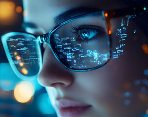 futuristic vision, woman with data reflection in glasses - a glimpse into the world of artificial in