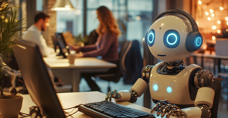 futuristic workplace harmony, a friendly robot collaborating with humans in a modern office setting,