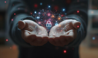 Wall Mural - hands holding a digital padlock, illustrating cybersecurity and data protection, showcasing network 